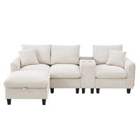 WOHNLANDSCHAFT aus Cordstoff 229x149,5x83 cm Beige mit USB-Anschlüssen, Becherhaltern, Konsole und Stauraumhocker - Beige, Textil (149.5/229cm) - Modfu