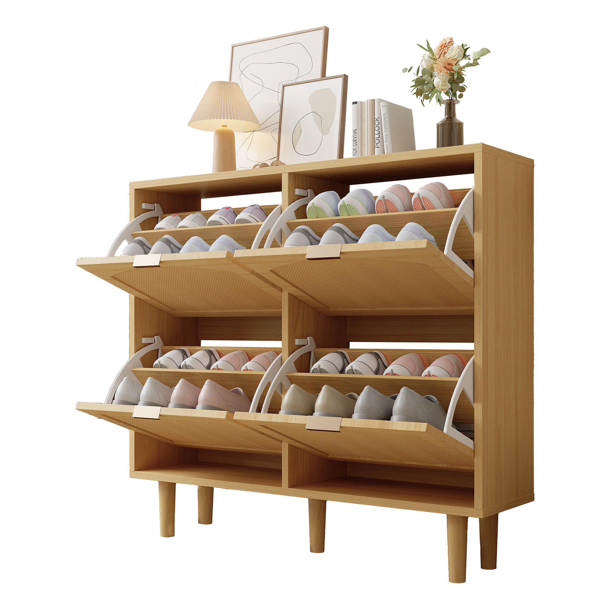 SCHUHSCHRANK 100/25/90 cm in Eichefarben mit 4 Klappen und Rattanfront - Naturfarben, Holzwerkstoff (100/90/25cm) - Flora Grace