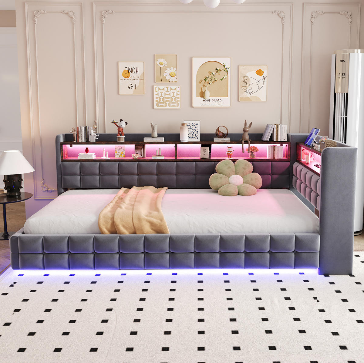 ČALOUNĚNÁ postel 90/200 cm s hydraulickým úložným prostorem, LED, USB, Typ-C a policemi, samet, Šedá - šedá, textil (90/200cm) - Redom