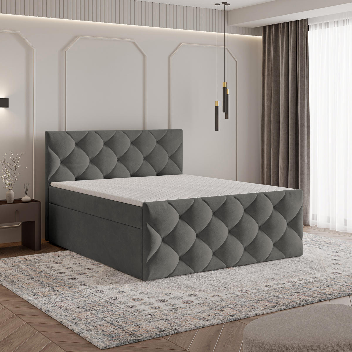 BOXBETT ROVARI 140x200 cm mit Matratze und Topper - Grau - Grau, Holz (140/200cm) - MASSENO