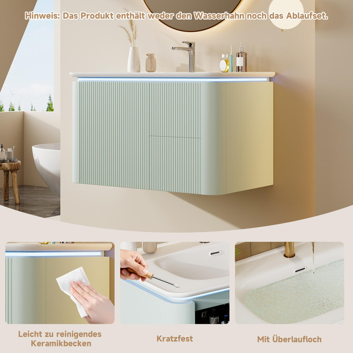WASCHTISCHKOMBI 80.5/47.5/51 cm Grün mit LED und 3 Schubladen, ohne Wasserhahn - Grün, Holz/Holzwerkstoff (47.05/51/80.5cm) - Oxeza