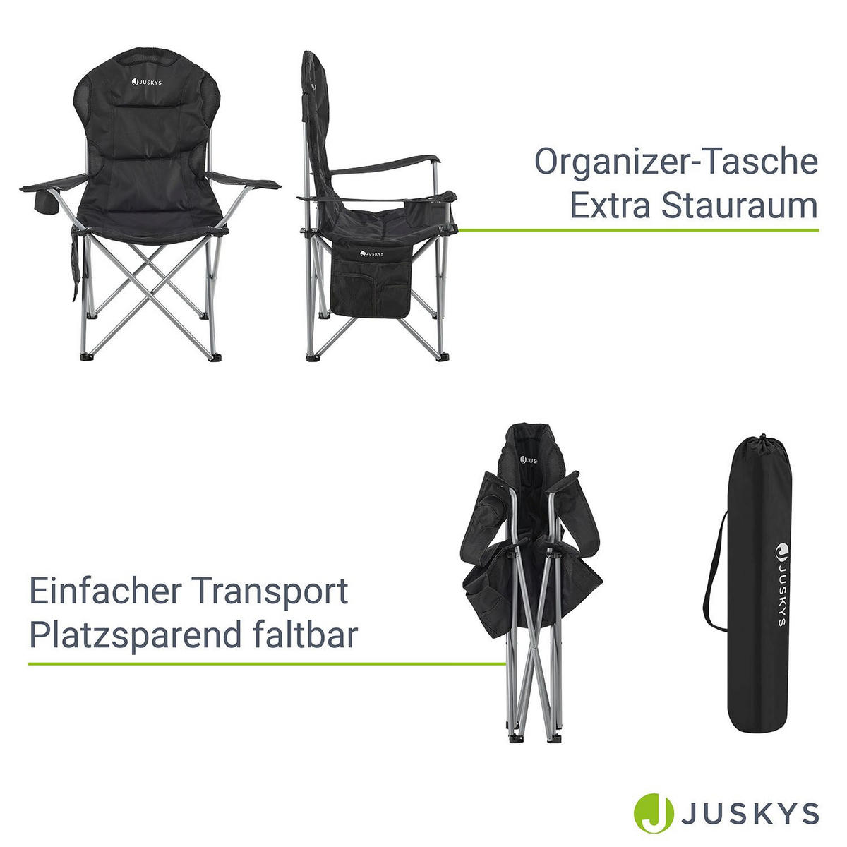 CAMPINGSTUHL Lido schwarz mit Flaschenhalterung & Tragetasche - Schwarz, Textil (62/102/62cm) - Juskys