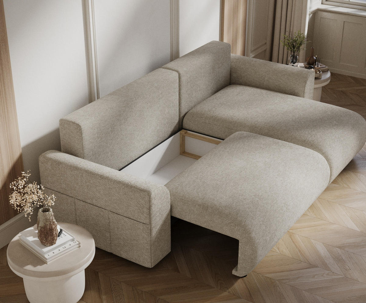 ECKSOFA MIT SCHLAFFUNKTION Bodega Beige Grau Chenille - Beige/Schwarz, Holz/Holzwerkstoff (235/138cm) - Maison de Reve
