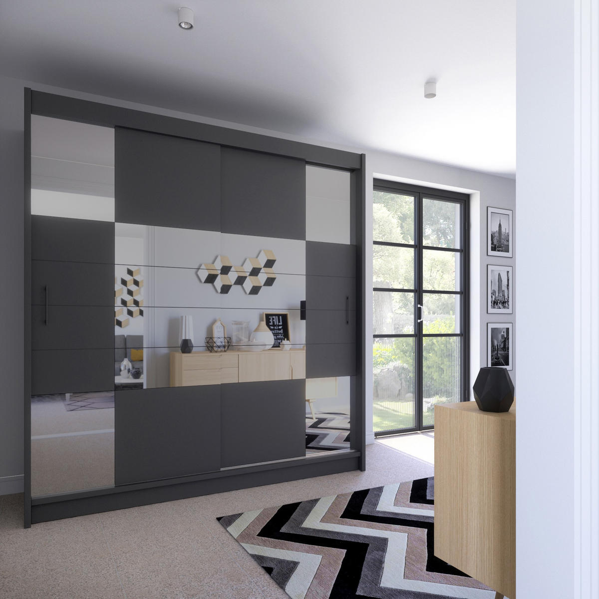 SCHWEBETÜRENSCHRANK KALISTA 203/215/61 cm 2-türig mit Spiegel Graphitfarben - Graphitfarben, Holzwerkstoff (203/215/61cm) - MASSENO