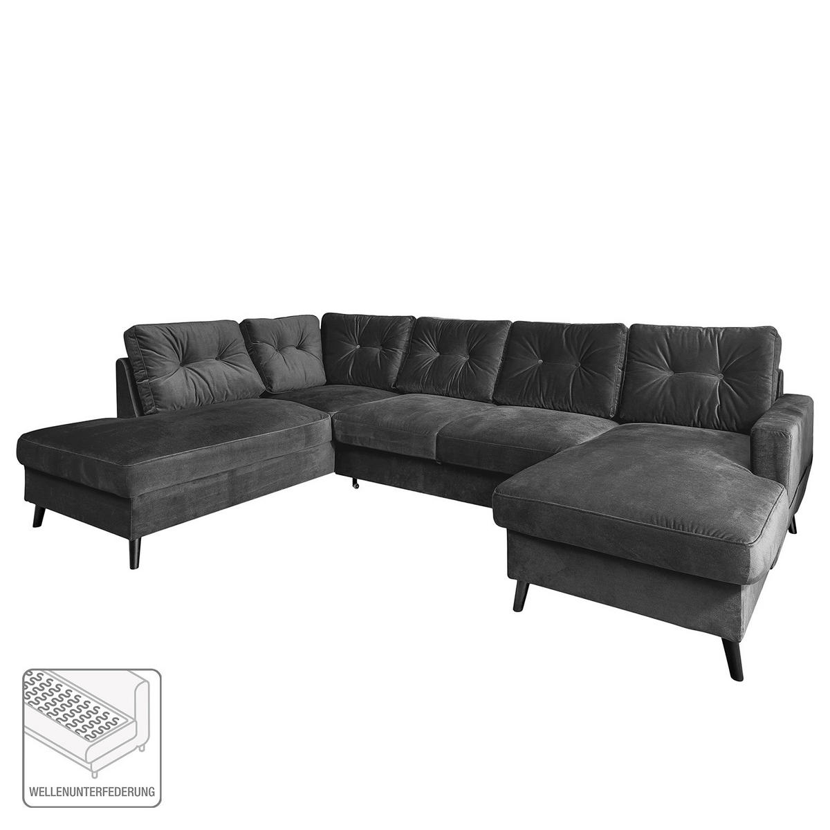 WOHNLANDSCHAFT mit Longchair - Schwarz/Grau, Buchenholz/Textil (297/90/200cm) - home24