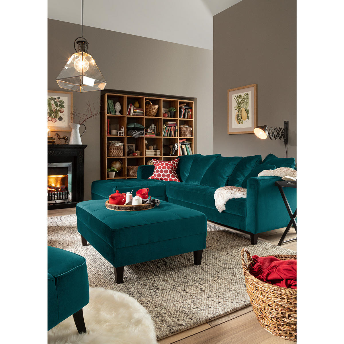 ECKSOFA mit Ottomane - Samt - Türkis, Textil (254/165cm) - home24