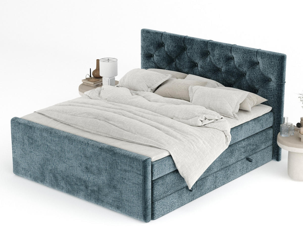 BOXSPRINGBETT Hugo Blau 160/200 cm - Blau/Schwarz, Holz/Holzwerkstoff (160/200cm) - Maison de Reve