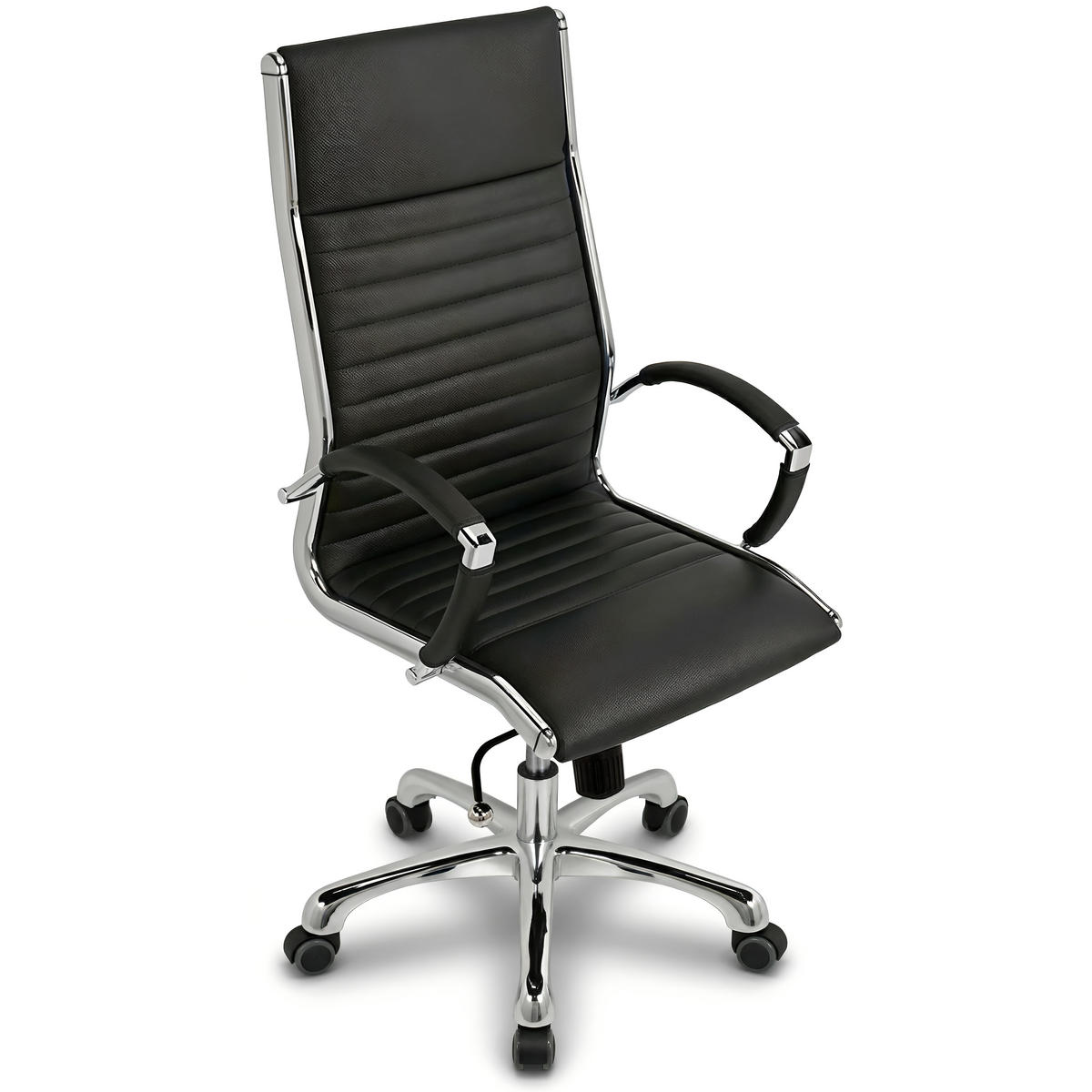 BÜROSTUHL Montreal Echtleder Schwarz – ergonomisch, 150 kg belastbar, Sitzhöhe 52-64cm - Schwarz Hochglanz, Leder/Metall (60/121/60cm) - Versee