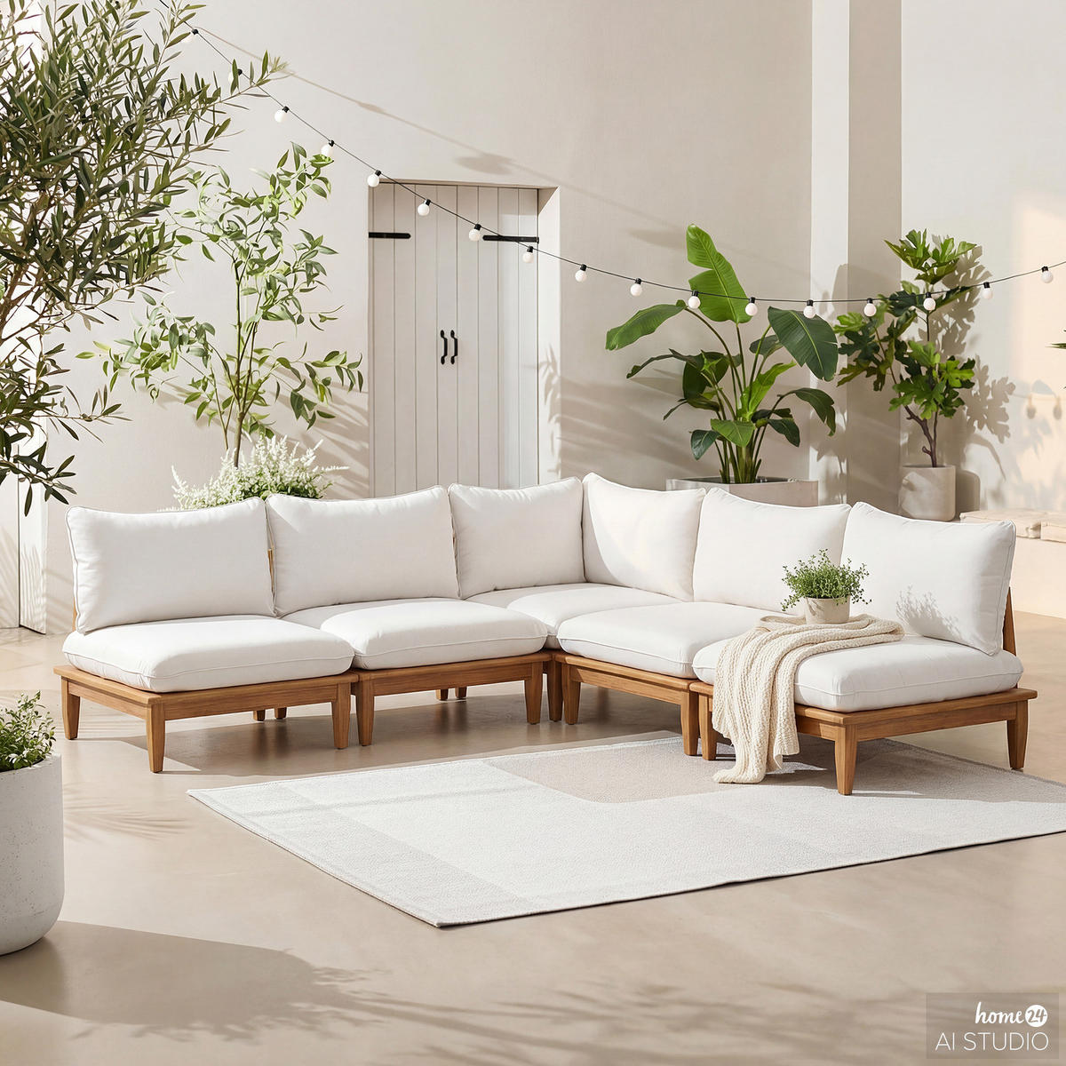 LOUNGEGRUPPE - 5-teilig - Akazie massiv / Webstoff - Akazie Braun / Creme - Creme/Akaziefarben, Holz/Textil - home24