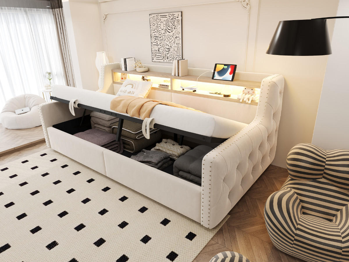 POLSTERBETT 90x200 cm LED USB Stauraum beige - Beige, Textil (90/200cm) - Fortuna Lai