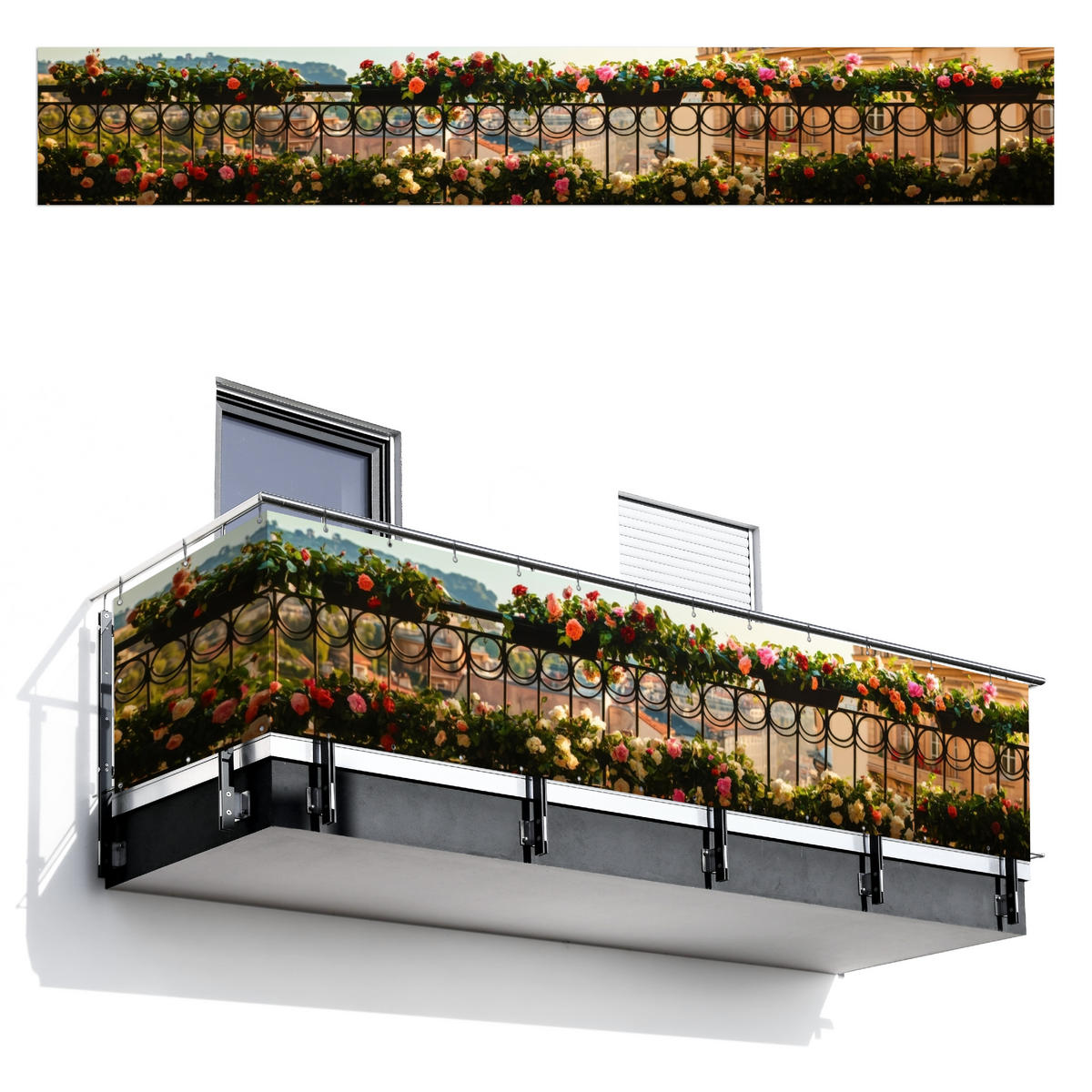 BALKON-SICHTSCHUTZ Blumen - Zaun - Stadtbild - Sommer - Pink, Kunststoff (500/80cm) - MuchoWow