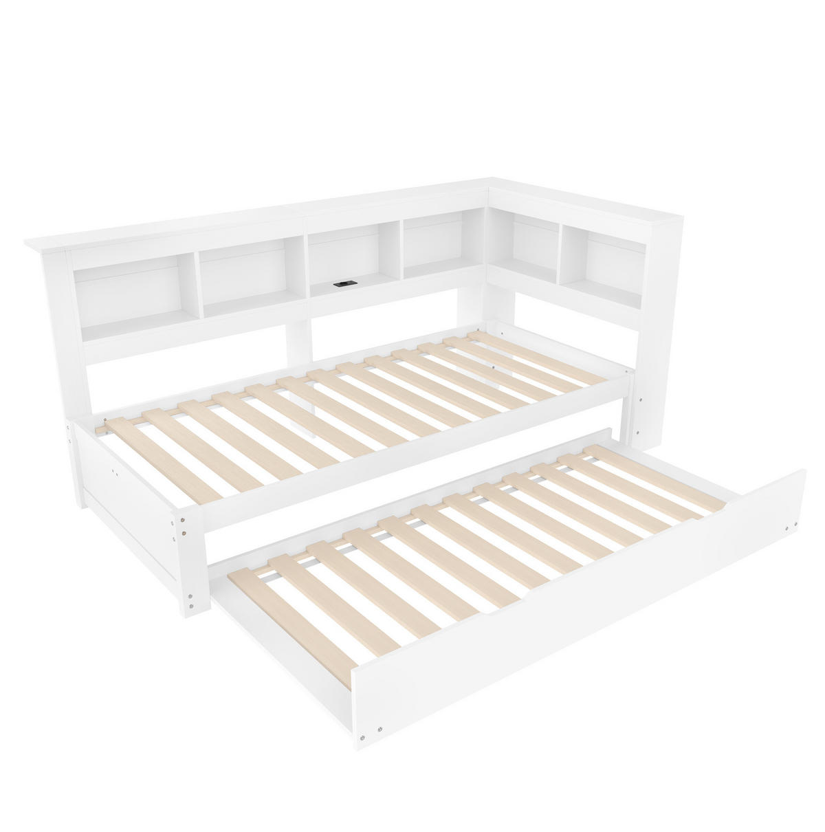 BETT 90/200 cm mit ausziehbarem Rollbett und USB, inkl. Lattenrost - Weiß, Holz (90/200cm) - BEAOK