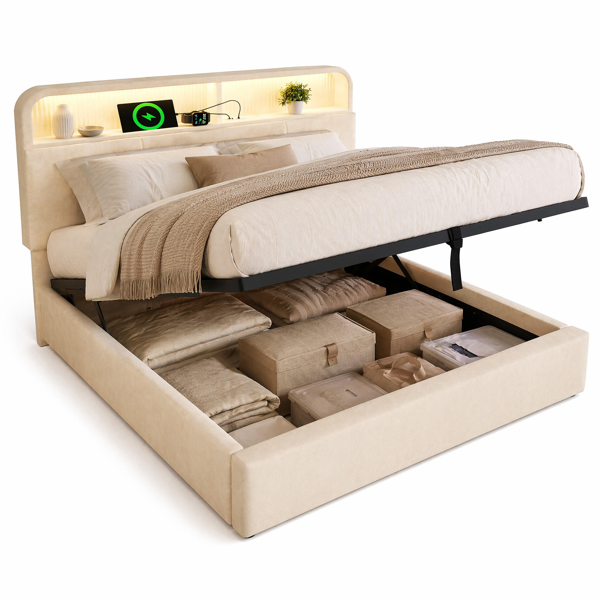 POLSTERBETT 160/200 cm in Beige mit Bettkasten, LED, USB und Type-C Samt - Beige, Holzwerkstoff/Textil (160/200cm) - STILVORA