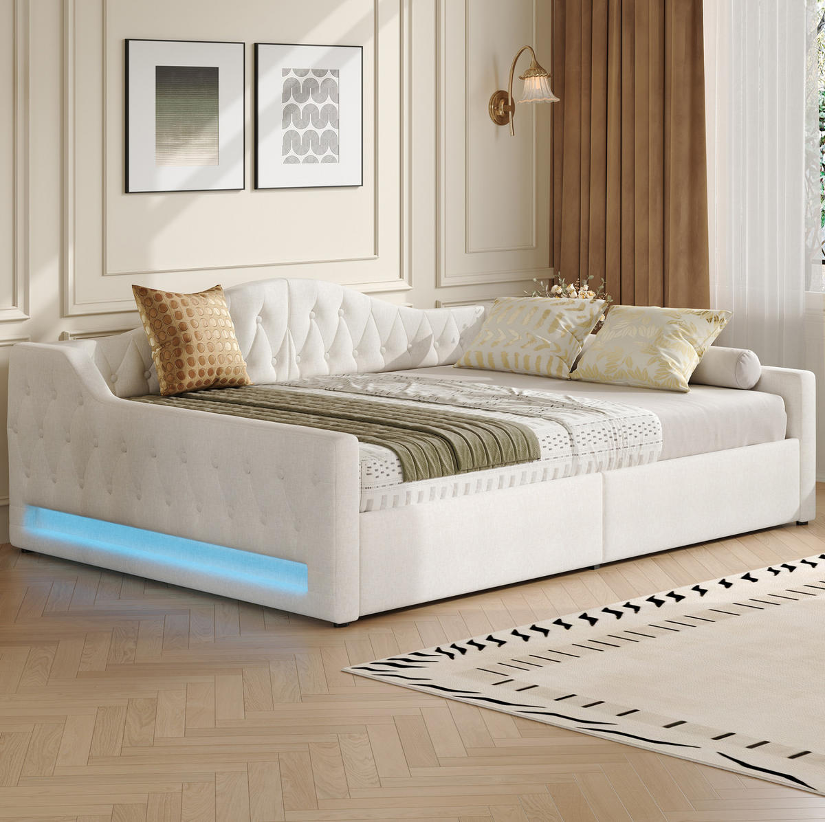 POLSTERBETT 140/200 cm aus MDF und Sperrholz mit Leinenbezug LED-Beleuchtung und Stauraum Beige - Beige, Holzwerkstoff (140/200cm) - Modenvie