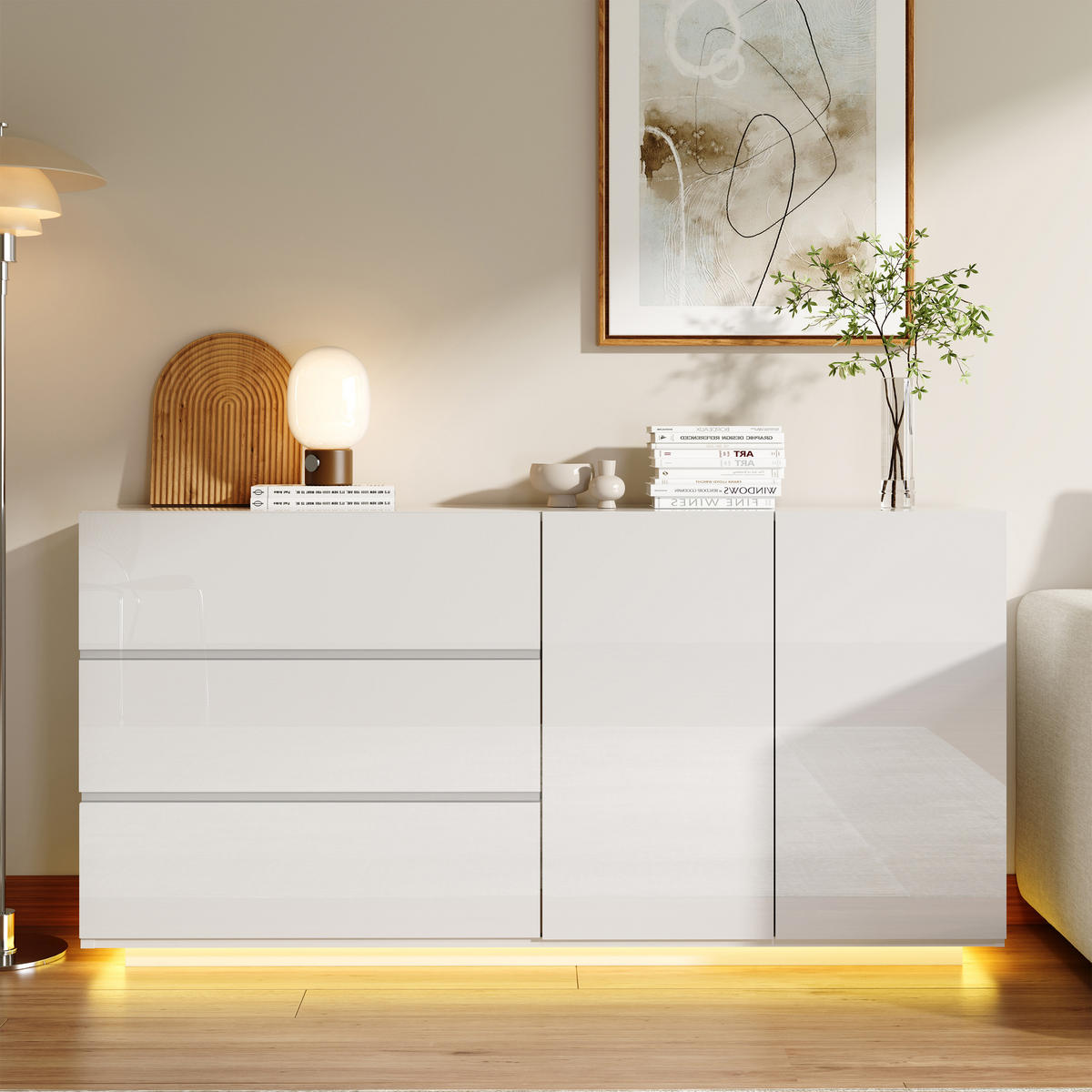SIDEBOARD WEISS Hochglanz mit LED-Beleuchtung, 3 Schubladen & 2 Türen - Weiß, Holzwerkstoff (35/76/160cm) - SHOPENTRA