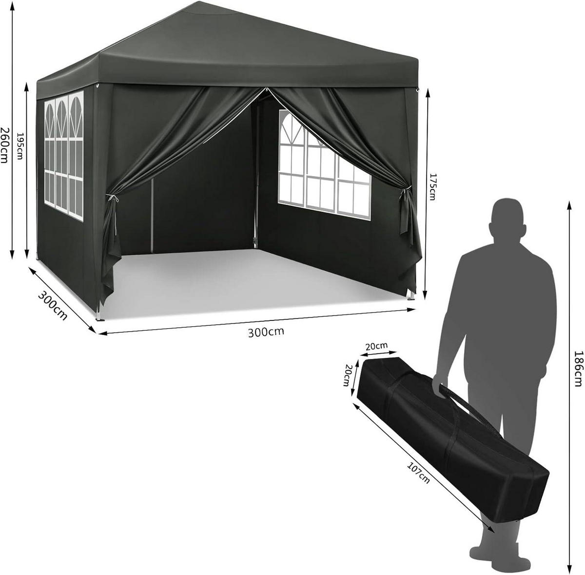 PAVILLON Pop-Up wasserdichter Faltpavillon, aus Oxford Metallrahmen 3 x 3 m - Grau, Metall (300/300/260cm) - Woltu