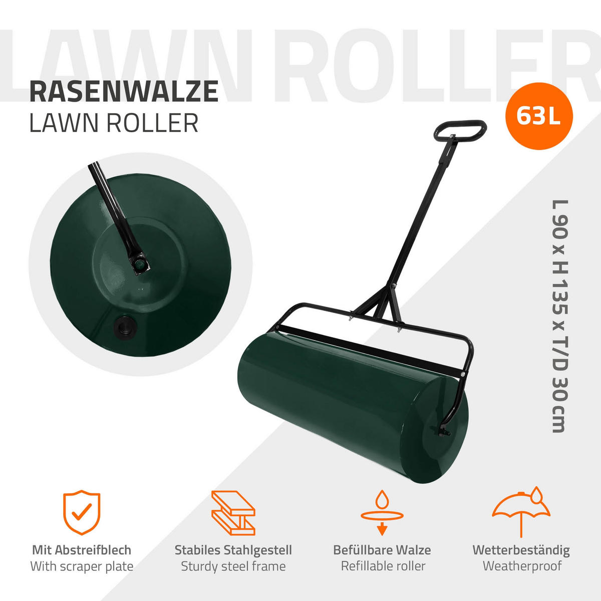 RASENWALZE befüllbar 63 Liter Grün aus Stahl - Grün, Metall (90/135/30cm) - ECD-Germany