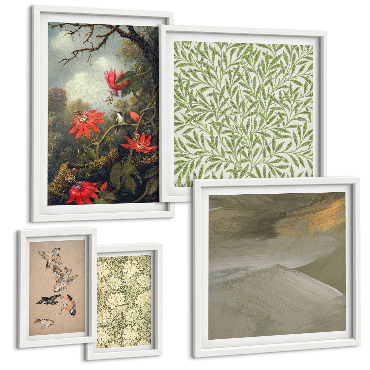 BILDER SET 5er Set - 50x50 cm & 20x30 cm & 40x60 cm Weißer Rahmen - Blumen und Vögel in natürlicher Umgebung - Weiß, Kunststoff (40/60cm) - TULUP