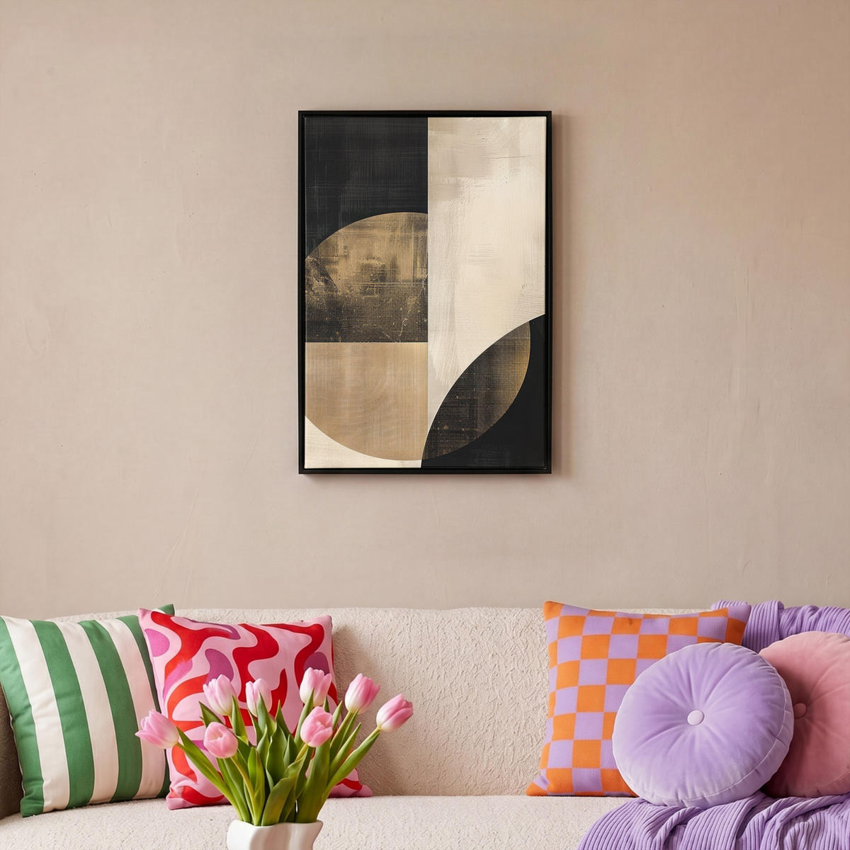 LEINWAND Bilder mit Rahmen - Abstrakt - Geometrische Formen - Schwarz - Gold - 40x60 - Ecru, Textil (40/60cm) - MuchoWow
