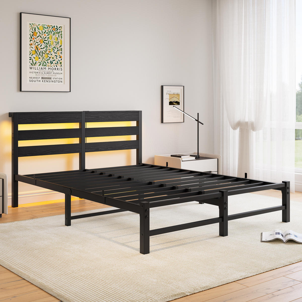 METALLBETT 140x200 cm LED USB Stauraum - Schwarz, Metall (140/200cm) - LEBENLANG