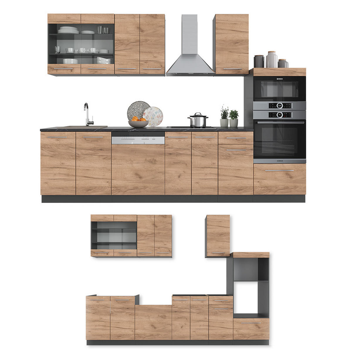 KÜCHENZEILE Fame-Line Goldkraft Eiche/Anthrazit 300 cm mit Hochschrank ohne AP - Honigeiche/Anthrazit, Holzwerkstoff (300/81.6/46cm) - Vicco
