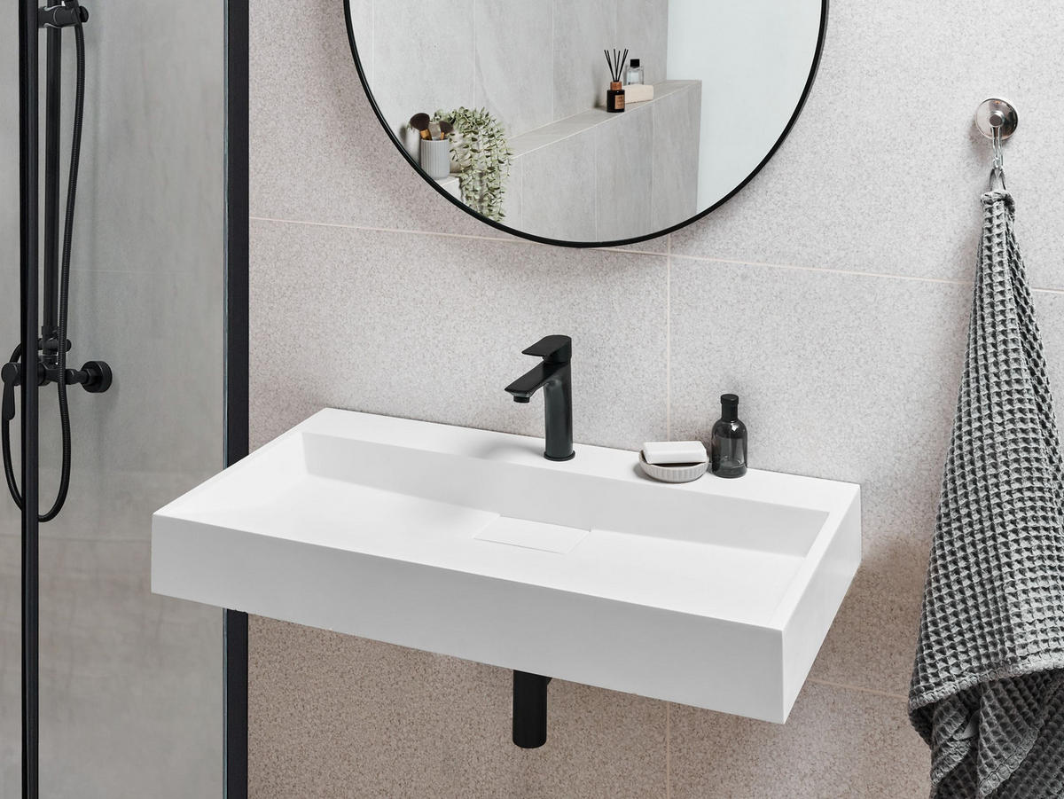 HÄNGEWASCHBECKEN Weiß 90/46 cm Mineralguss Quenko - Weiß, Naturmaterialien (90/12/46cm) - Beliani