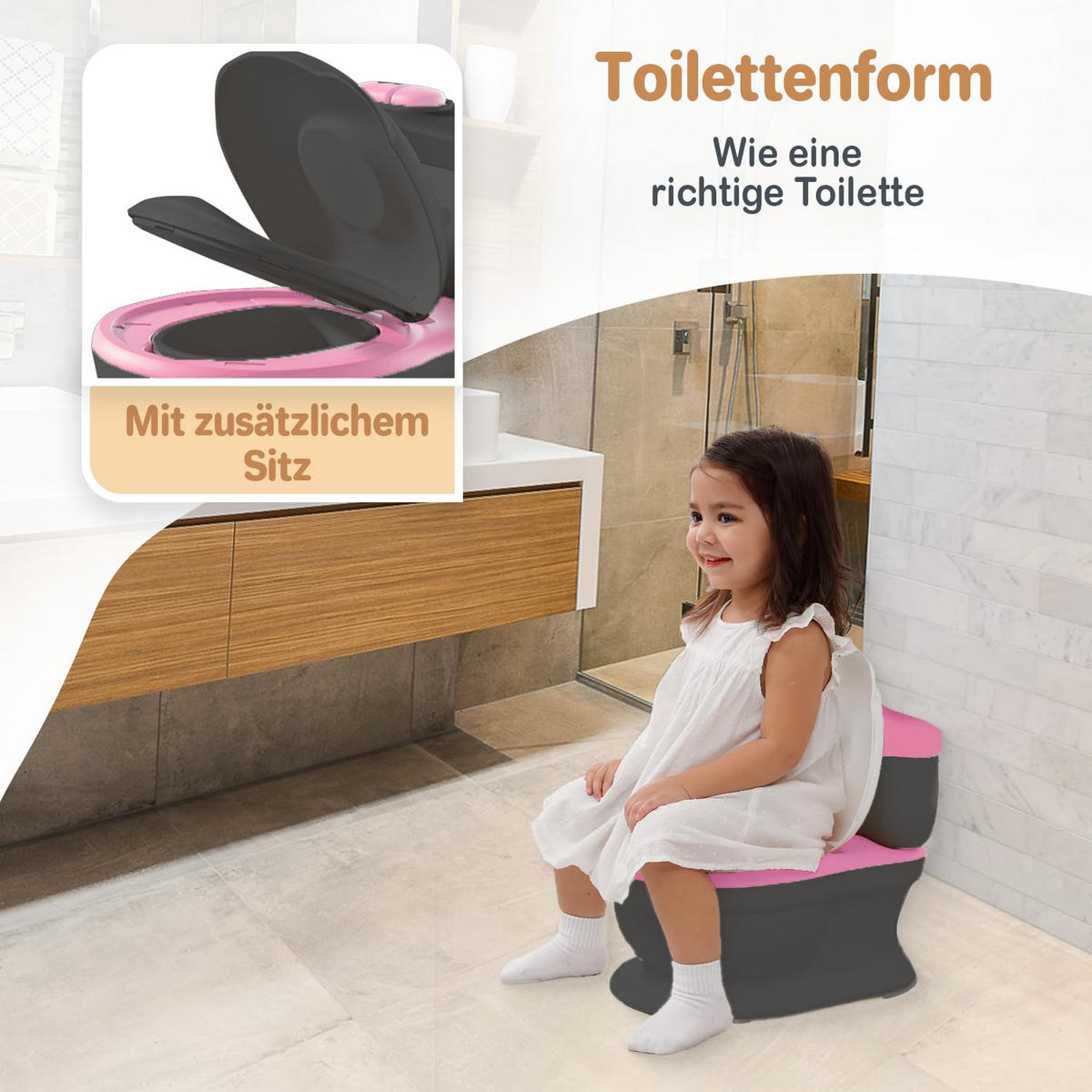 TÖPFCHEN 3-in-1 Potty Trainer & Kindertoilette Schwarz Rosa - Pink/Schwarz, Kunststoff (39/40cm) - Twinky