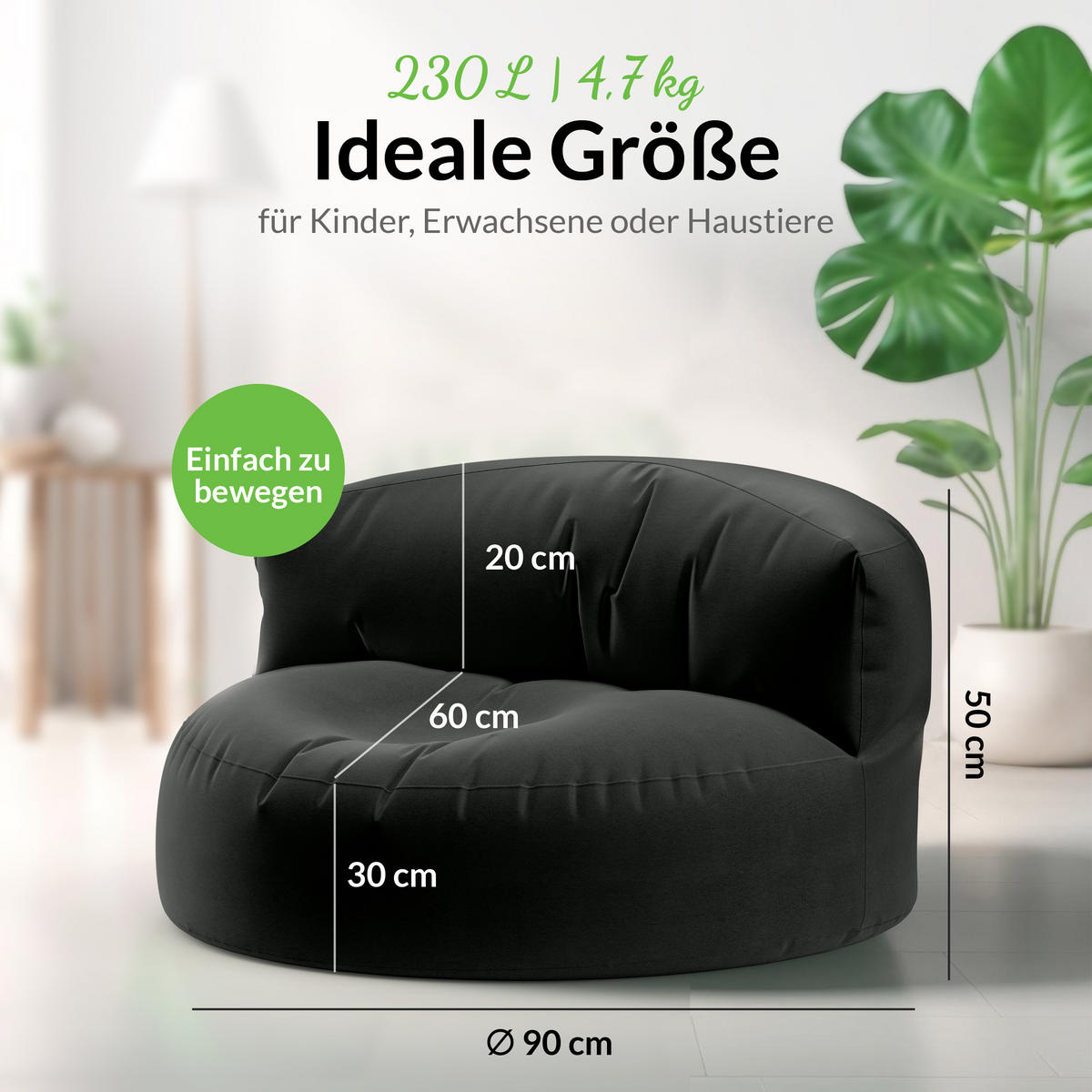 INDOOR OUTDOOR SITZSACK Lounge Sofa - Schwarz, Textil (90/50/50cm) - Green Bean