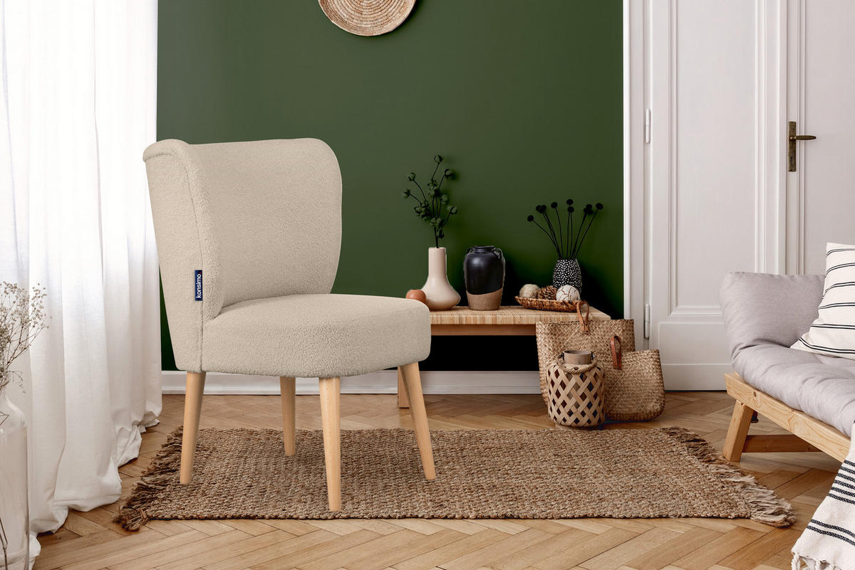 COCKTAILSESSEL APPA auf hohen Beinen aus Buche, aus recyceltem Boucle-Stoff, Beige/Buche Dekor - Beige/Buchefarben, Holz/Textil (63/89/65cm) - KONSIMO®