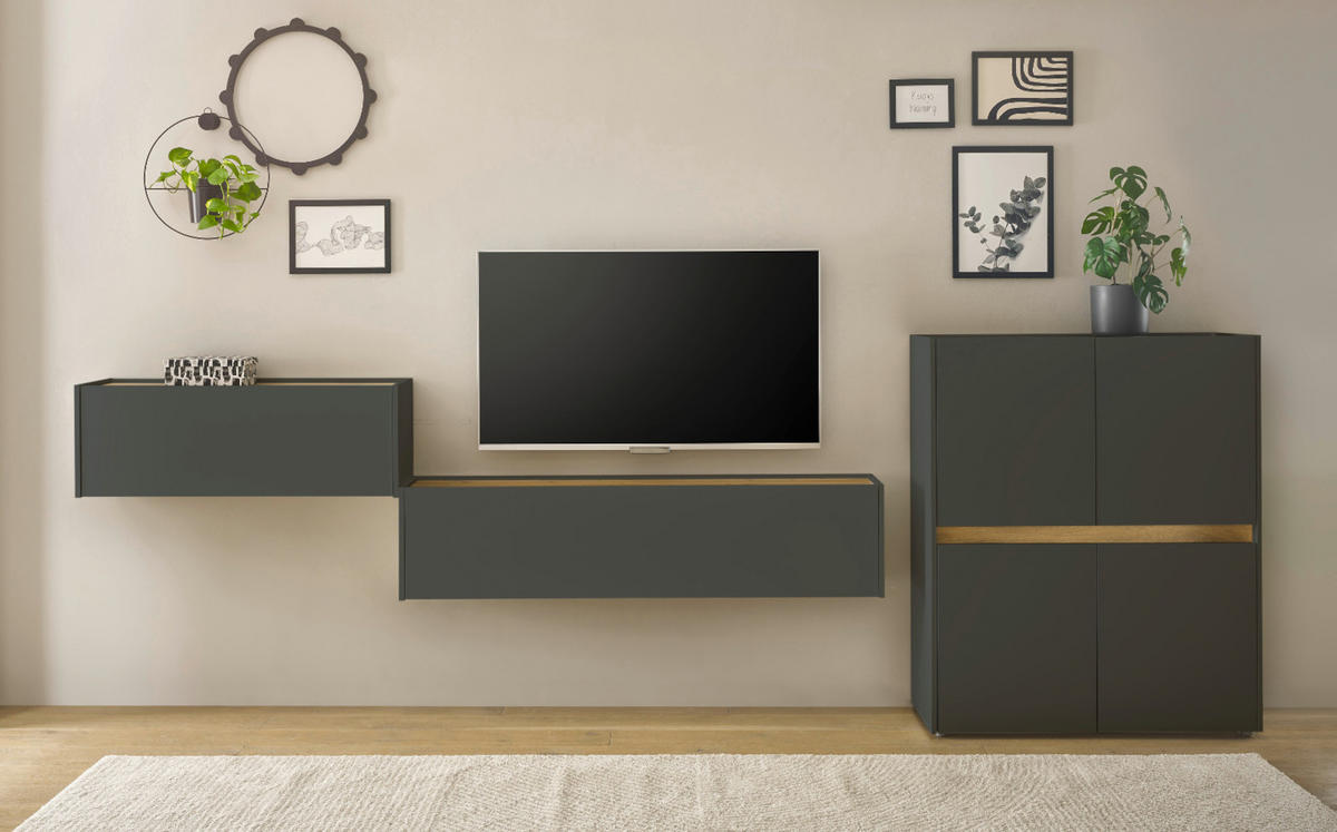 WOHNWAND 3-teilig grau matt, Eiche Wotan 370 cm, Schrankwand mit Sekretär - Eiche Wotan/Grau, Holzwerkstoff/Kunststoff (370/122/40cm) - Furn.Design