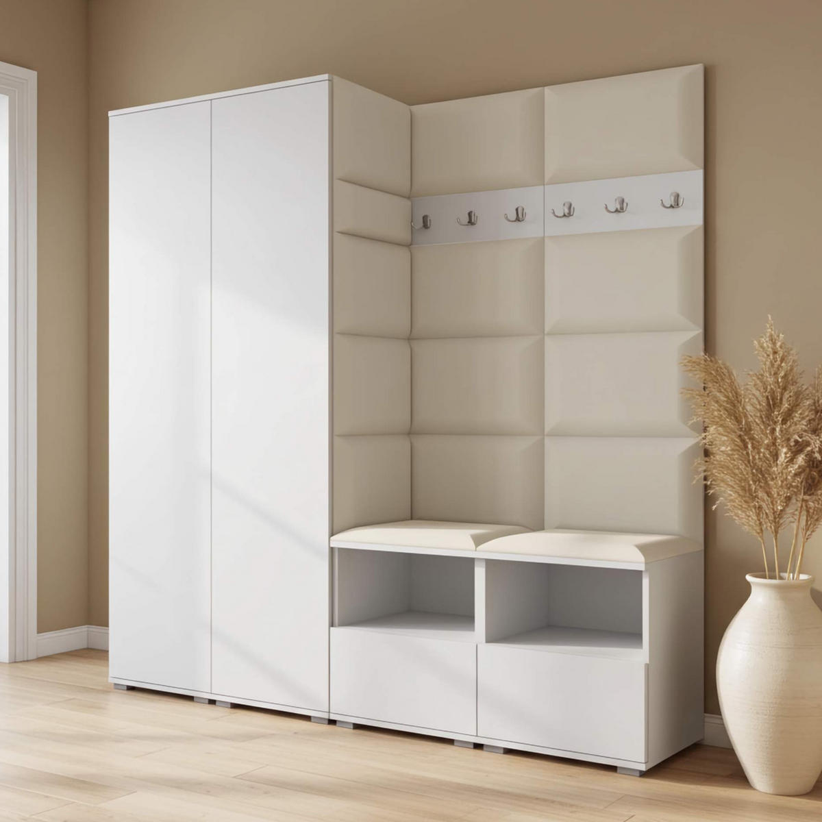 GARDEROBE NELA VI 200 cm (Kompaktgarderobe Weiß mit Sitzpolster Creme 01 Schrank & Paneel) - Silberfarben/Creme, Holz/Holzwerkstoff (200/187/40cm) - Ravio