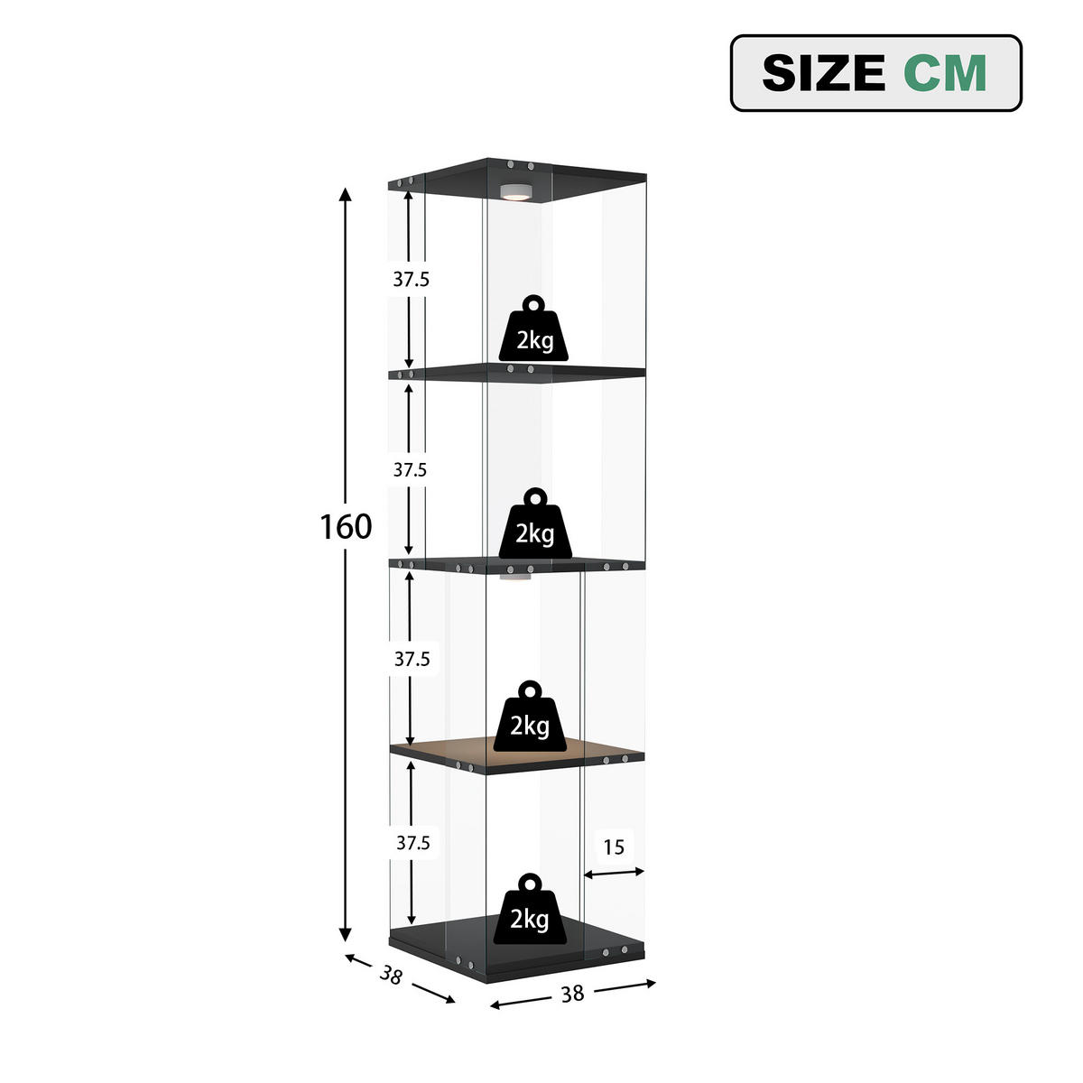 GLASVITRINE mit 4 Einlegeböden, 360-Grad-Drehbasis, Berührungs-LED, in Schwarz - Schwarz, Glas (38/160/38cm) - BRILVERDE