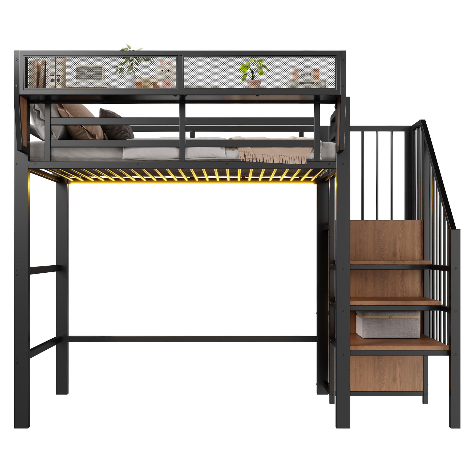 HOCHBETT 90/200 cm Schwarz mit LED und Sicherheitsleiter - Schwarz, Metall (90/200cm) - MIVRAY