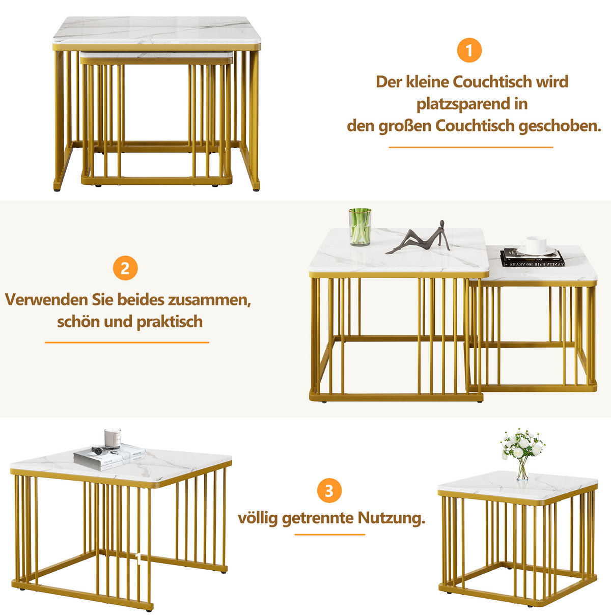 COUCHTISCH 2er-Set ineinanderschiebbar 60 x 60/45 x 45 cm Marmoroptik Weiß - Weiß, Metall (60/60/45cm) - Meubliv