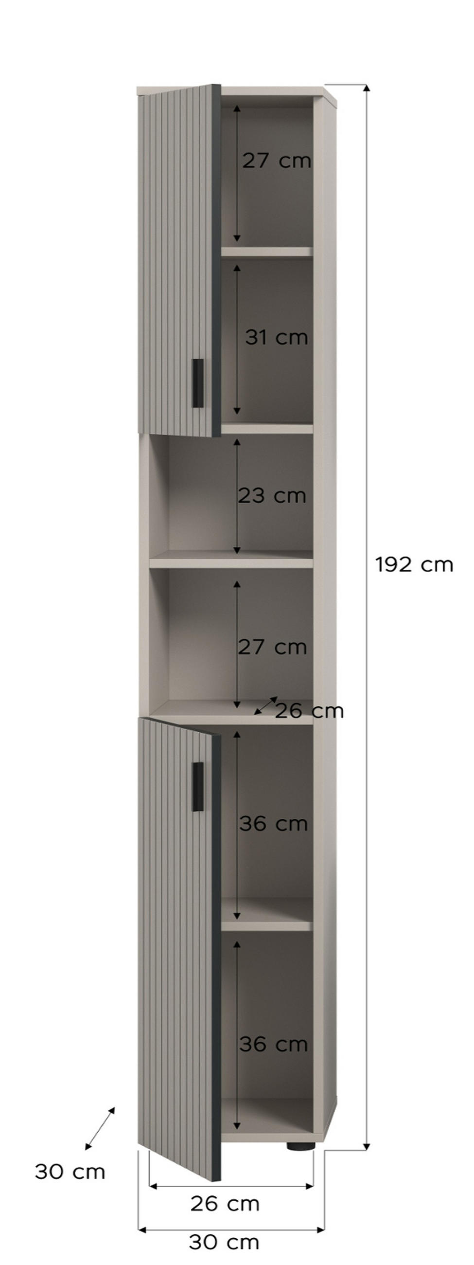 HOCHSCHRANK kaschmir 30 x 192 cm, Badschrank Türanschlag wechselbar - Kaschmir/Schwarz, Holzwerkstoff/Kunststoff (30/192/30cm) - Inn.Furn