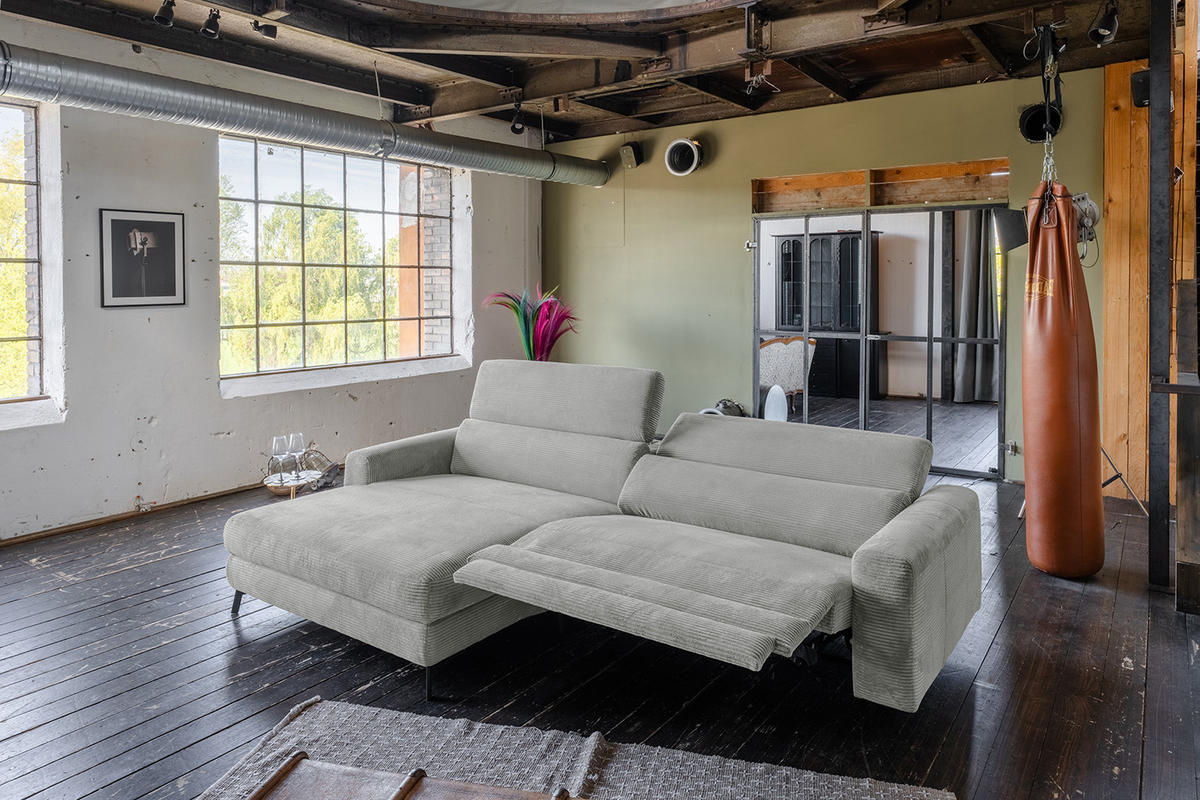 ECKSOFA LAISKA Hellgrau Cord Relaxfunktion - Hellgrau/Schwarz, Textil/Metall (282/177cm) - KAWOLA