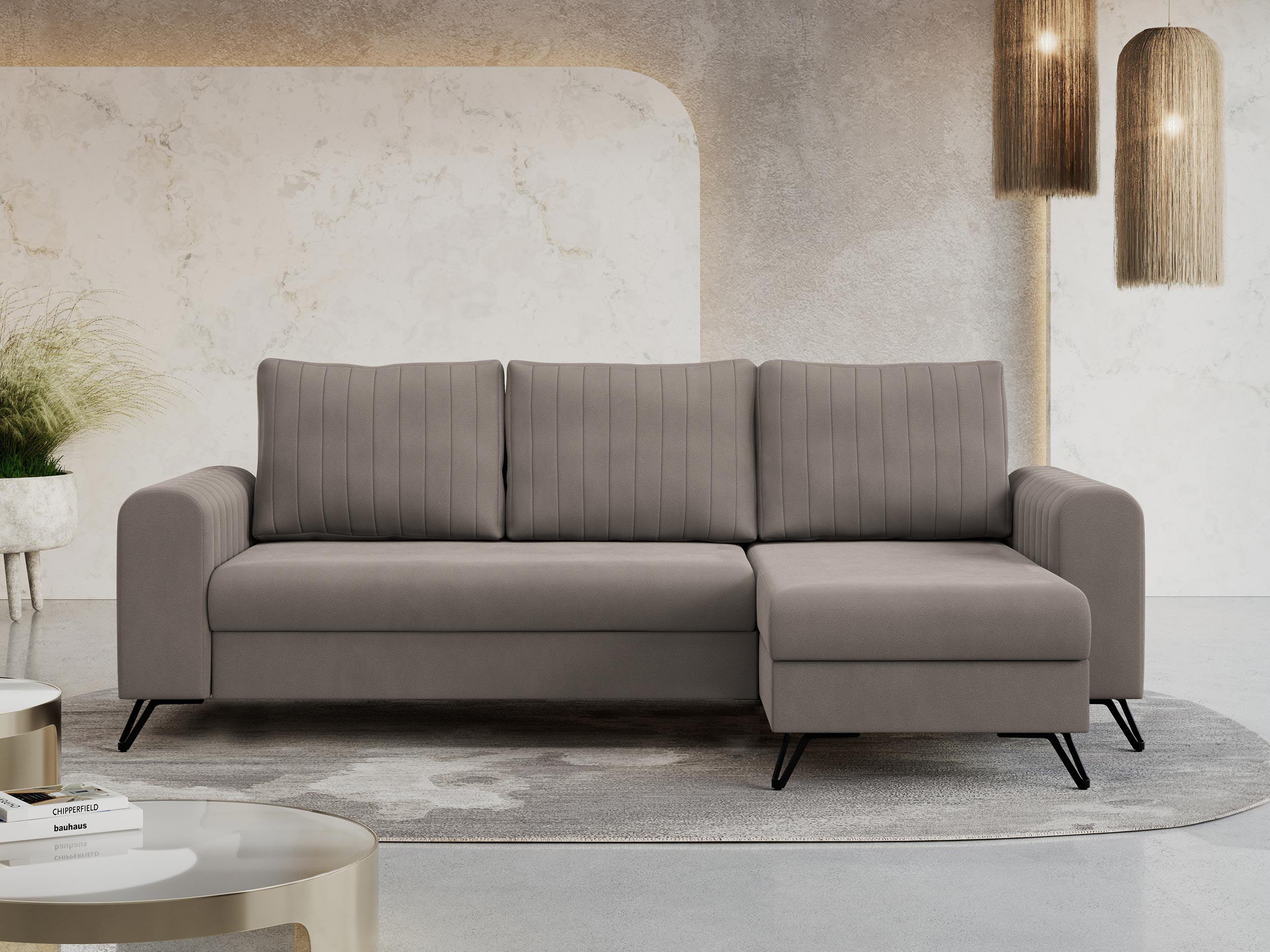 ECKSOFA Axel Samt Hellbraun - Hellbraun/Schwarz, Textil/Metall (242/140cm) - MKS