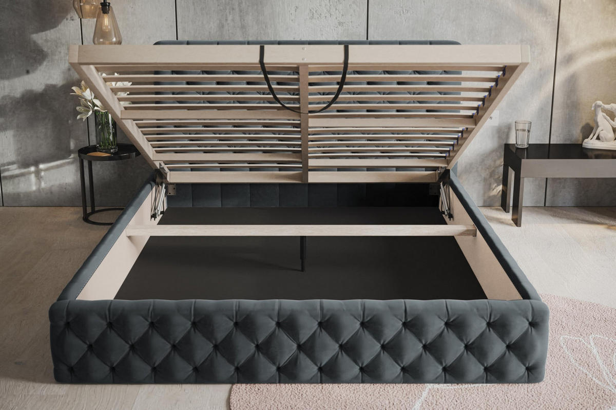 BETT 120x200 - Polsterbett mit Bettkasten und Holzrahmen - Elegant Betten - Weicher Jasminstoff - Kollektion Miami, Dunkelgrau - AlpiMeble - Dunkelgrau, Holz/Kunststoff (120/200cm) - Alpi-Möbel