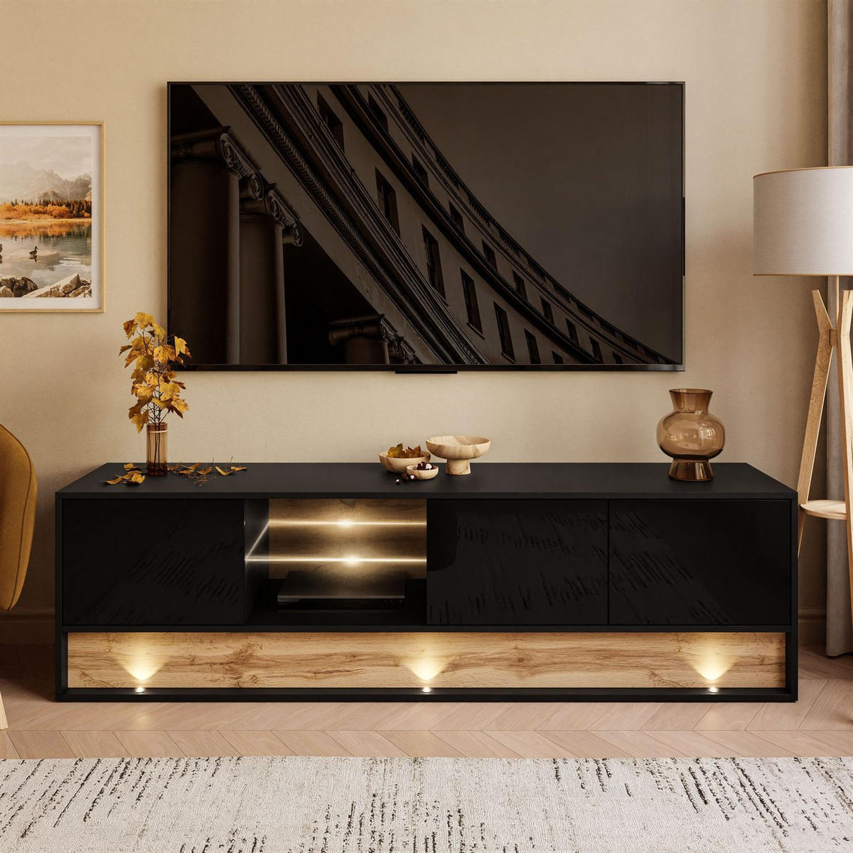 TV-SCHRANK VILLA 180 cm mit Einsatz aus Wotan Eiche - Eiche Wotan/Schwarz, Holzwerkstoff (180/50/40cm) - Lookway