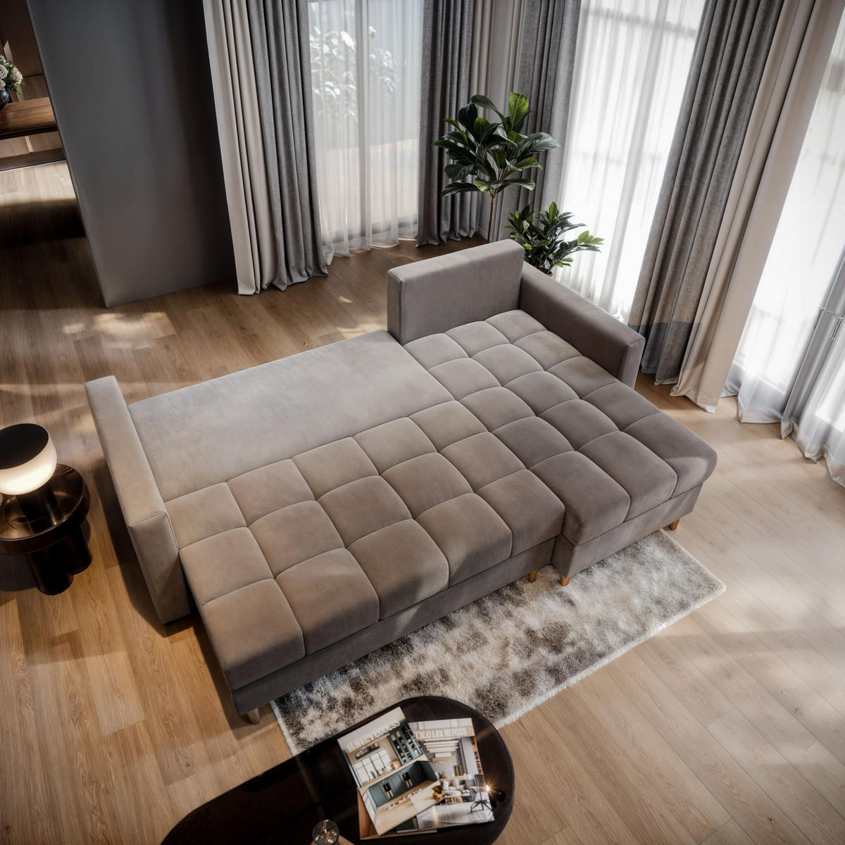 ECKSOFA MILO L Gelb Plüsch-Stoff mit Schlaffunktion - Gelb, Holz (220/140cm) - MASSENO