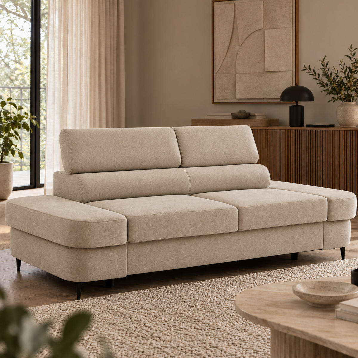 2-SITZER Sofa PRIAM 206 cm Velours Creme - Creme/Schwarz, Holz/Textil (206/95/102cm) - Muffo
