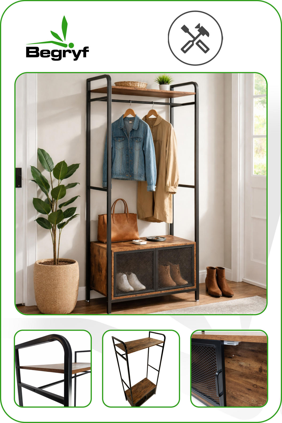 GARDEROBENSTÄNDER Metall mit Schuhschrank Industrial 180×80×40 cm - Dunkelbraun/Schwarz, Holzwerkstoff/Metall (40/180/80cm) - Begryf