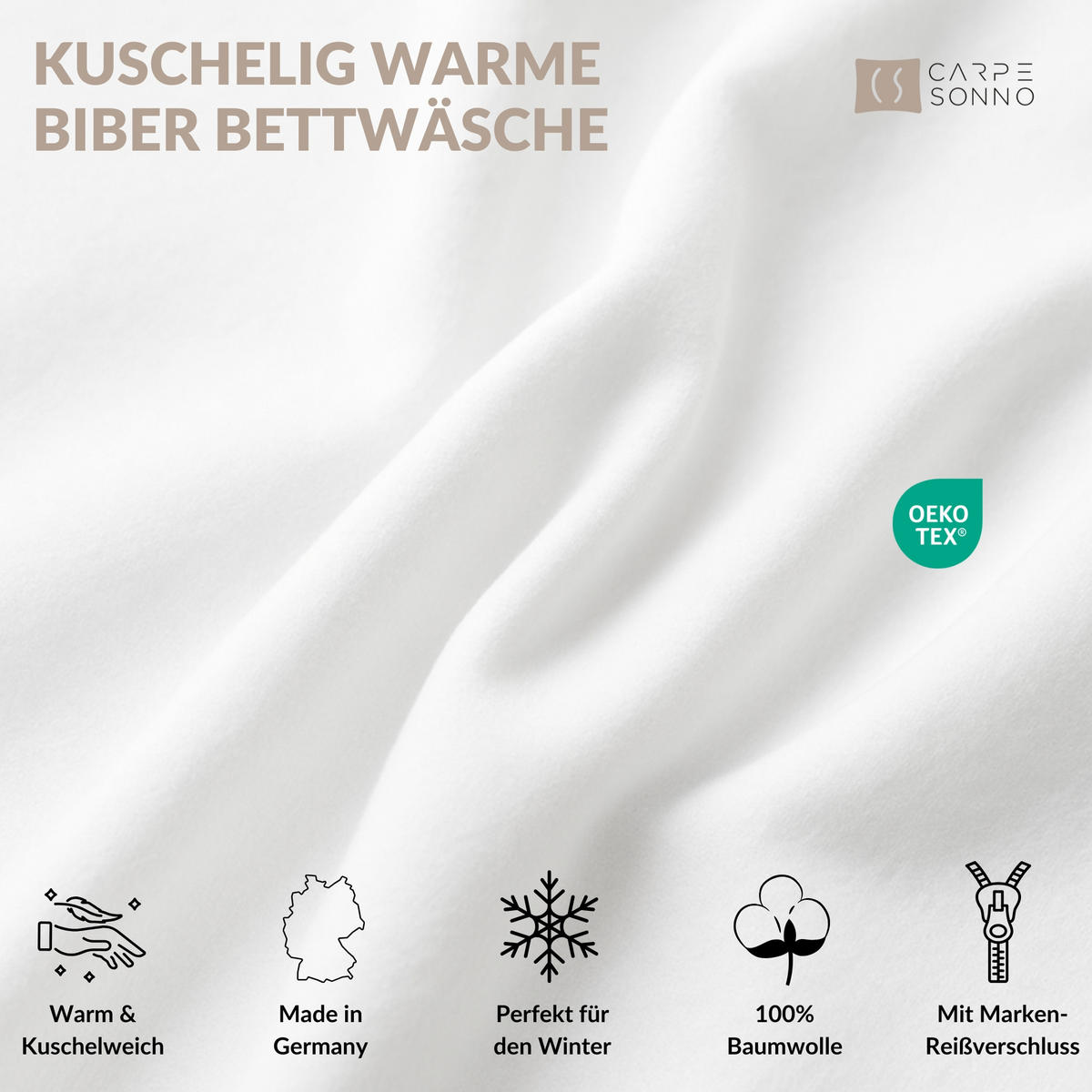 BETTWÄSCHE Biber 135x200 Weiß Uni Flanell Winter Bettbezug - Made in Germany - Weiß, Textil (135/200cm) - Carpe Sonno