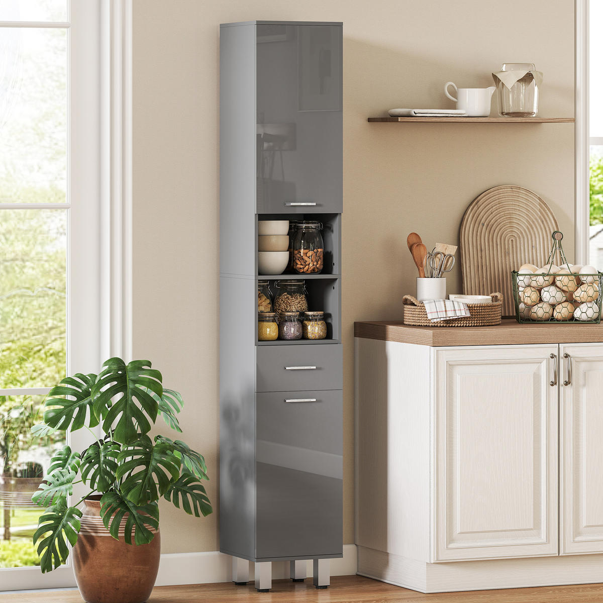 BADEZIMMERSCHRANK Spanplatte Grau - Alufarben/Grau, Holzwerkstoff/Kunststoff (30/180/30cm) - Kleankin