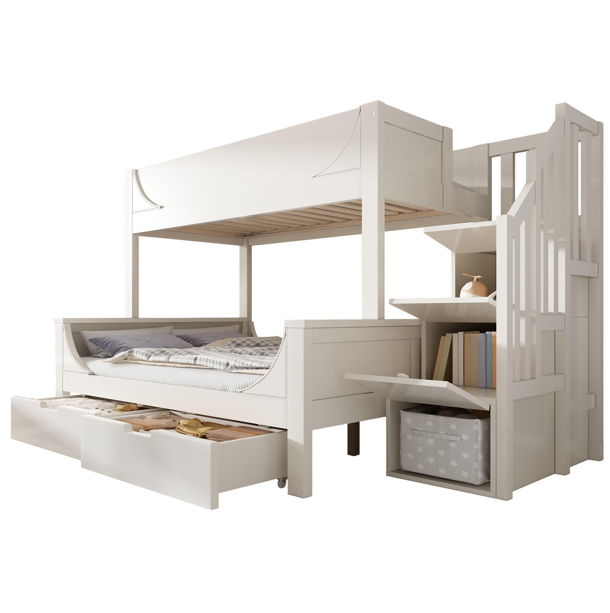 ETAGENBETT mit Stauraum, Weiß, 90 / 140/200 cm, ohne Matratze - Weiß, Holz (140/200cm) - MIVRAY