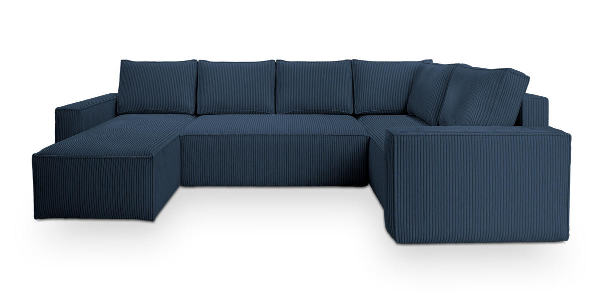 WOHNLANDSCHAFT NORENA R-S Blau Kordstoff mit Schlaffunktion - Blau, Holz (295/85/157.5cm) - MASSENO