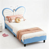 KINDERBETT 90 x 190 cm, Kopfteil in Schmetterlingsform, mit integrierter LED-Leselampe & höhenverstellbarem Kopfteil,Samtmaterial,Weiß und blau - Hellblau, Holz/Metall (90/190cm) - BursDany