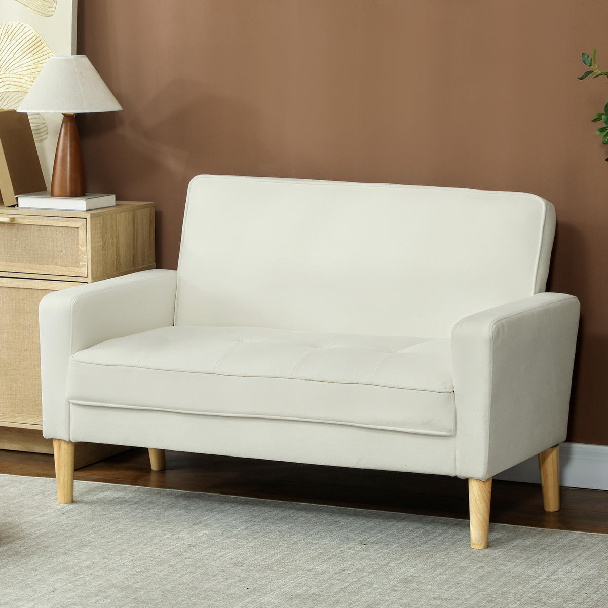 SOFA Polyester Gummiholz Cremeweiß - Creme/Naturfarben, Holz/Textil (74.5/82/130cm) - HOMCOM