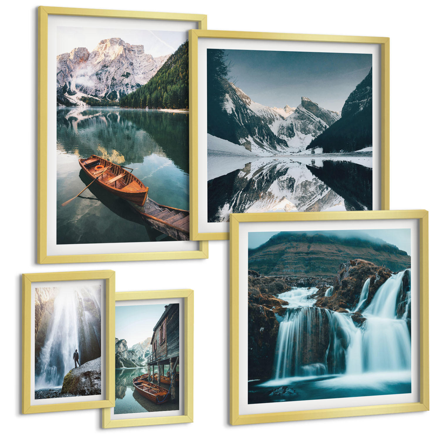 BILDER SET 5er Set - 50x50 cm & 20x30 cm & 40x60 cm Goldrahmen - Spiegelung der Boote auf Bergseen - Goldfarben, Kunststoff (40/60cm) - TULUP