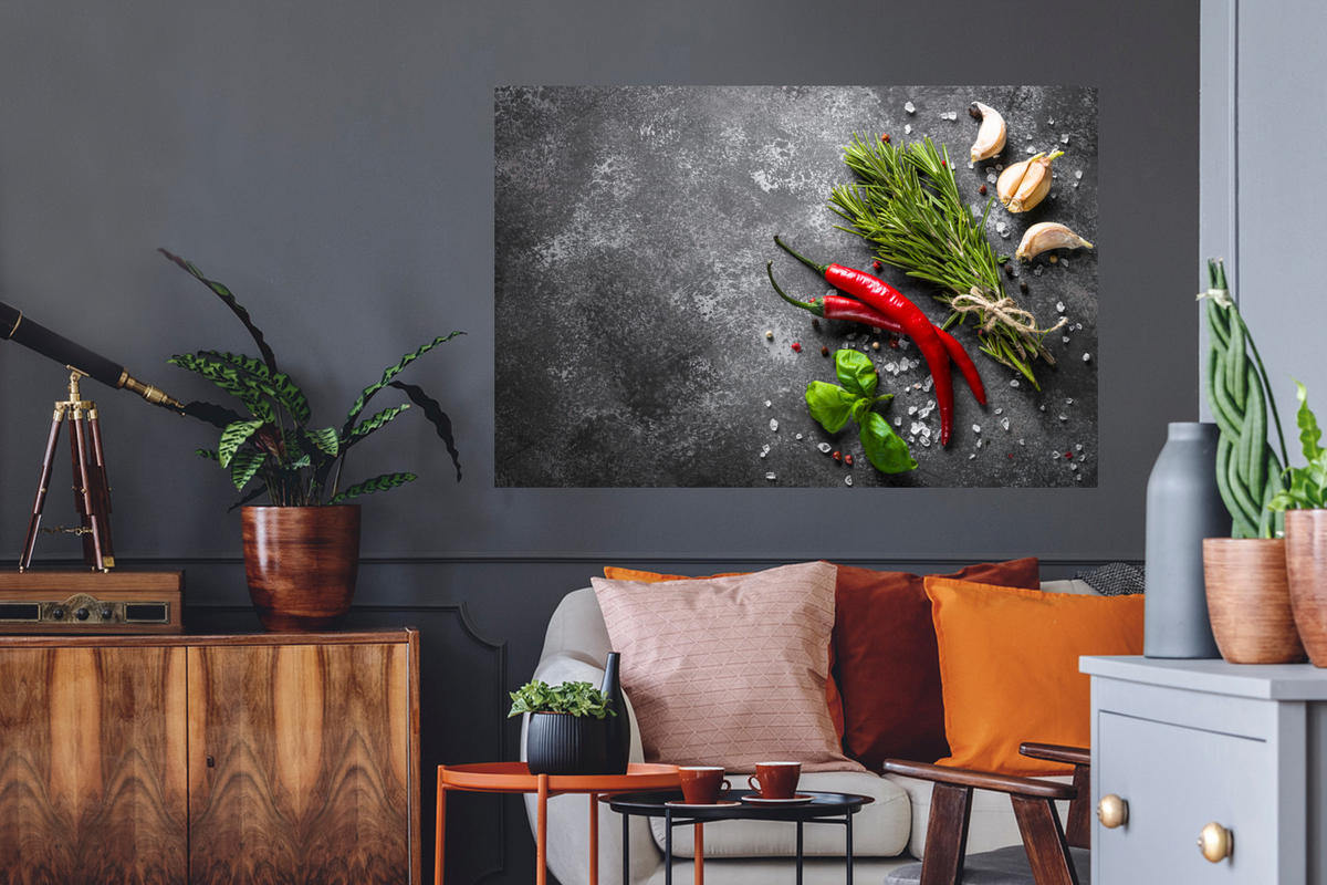 WANDTATTOO Pfeffer - Kräuter - Gewürze - Beton 120x80 cm - Dunkelgrau, Kunststoff (120/80/0.1cm) - MuchoWow